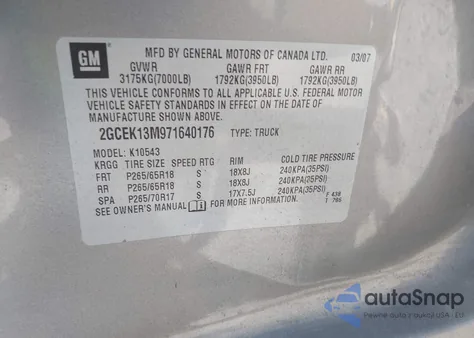 2007 Chevrolet Silverado 1500 Lt2 from USA, damaged, VIN 2GCEK13M971640176